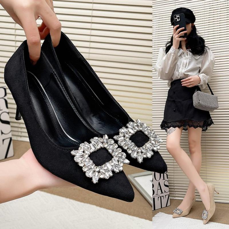 Women Shoes Fashion Rhinestone Square Buckle Bridesmaid Wedding Shoes Solid Flock Pointed Toe Stiletto Pumps French High Heels
