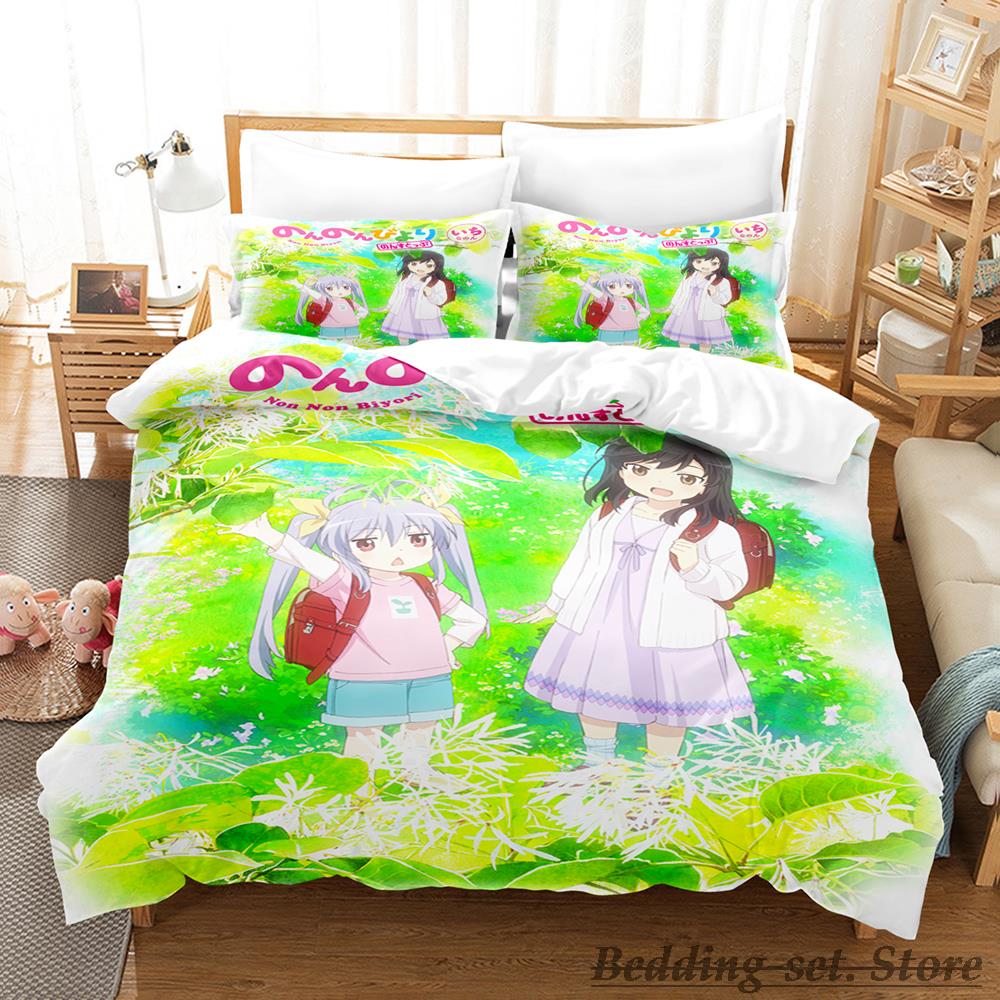 Non Non Biyori Bedding Set Single Twin Full Queen King Size Bed Set Adult Kid Bedroom Duvetcover Sets Anime Girls