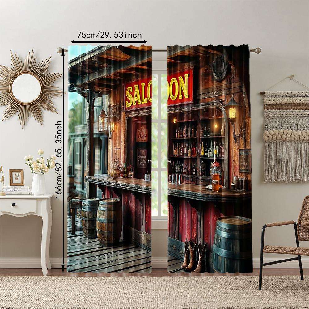 2 pcs   versatile polyester transparent curtains for home decoration Vintage Western Saloon for use in bedrooms and living rooms