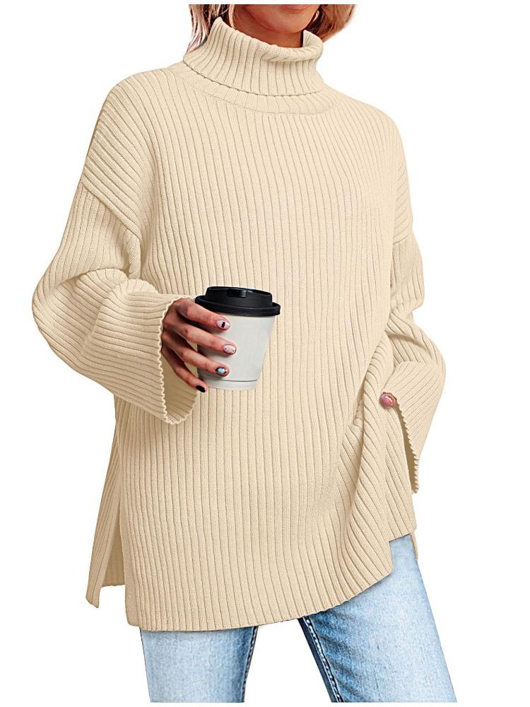 Autumn Winter Women's High Neck Oversized Pullover Split Long Sleeve High Neck Ribbed Knit Sweater Luxurious Relaxed-fit Slimming and Versatile Top