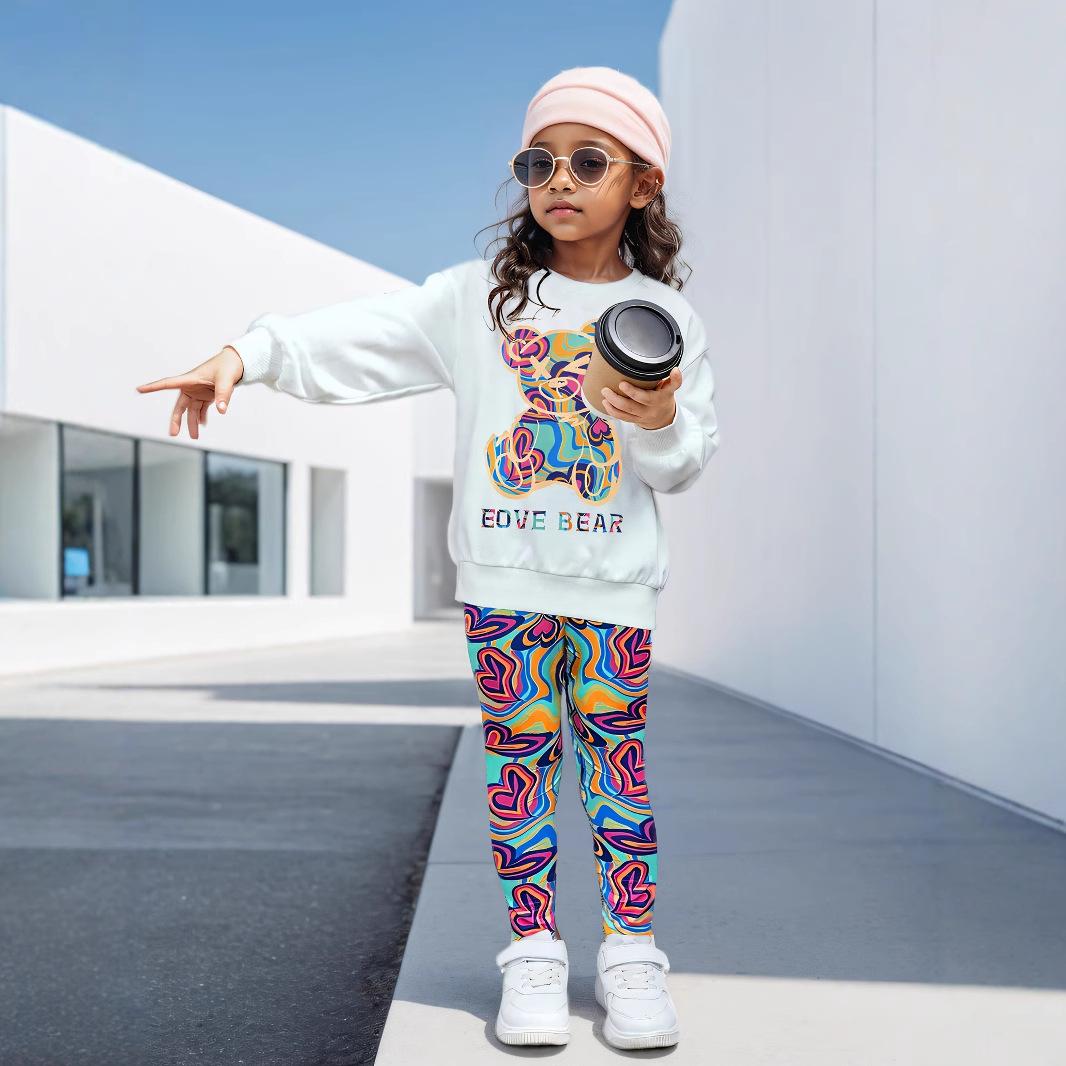 

Модный комплект для девочек, летний детский повседневный комплект из толстовки с капюшоном и брюк с изображением медведя 7-8Y белый