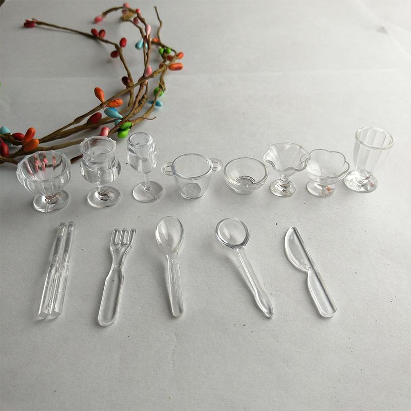 13Pcs/Set Mini Transparent Kitchenware Toy Drink Cups Dish Plate Tableware Miniatures Diy Pretend Play Mini Plastic Cup Toy