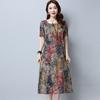 Fashion Women Short Sleeve O Neck Pocket Cotton Linen Printed Loose Casual Dress