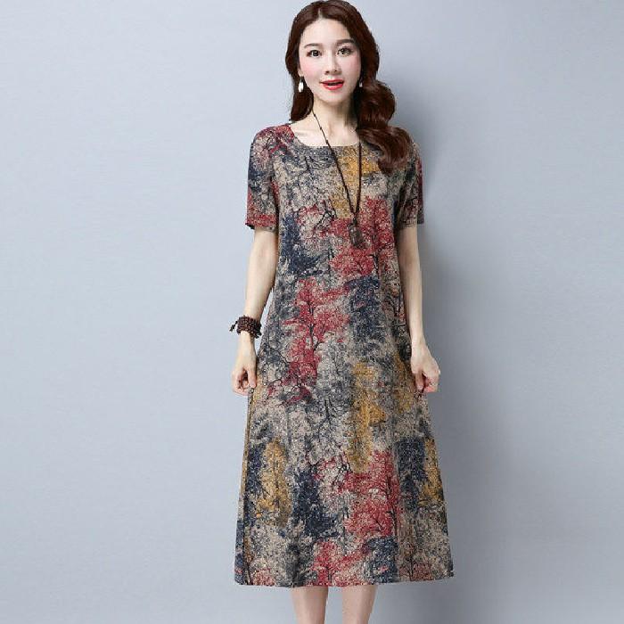 Fashion Women Short Sleeve O Neck Pocket Cotton Linen Printed Loose Casual Dress