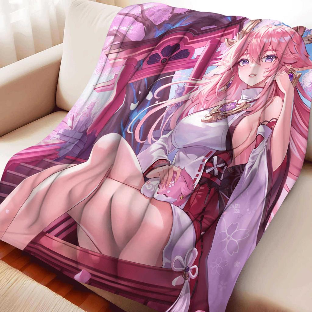 Cartoon Yae Miko Flannel Blanket Cover Summer Soft Anime Genshin Impact Blanket Multifunctional Decor Home Universal Blankets