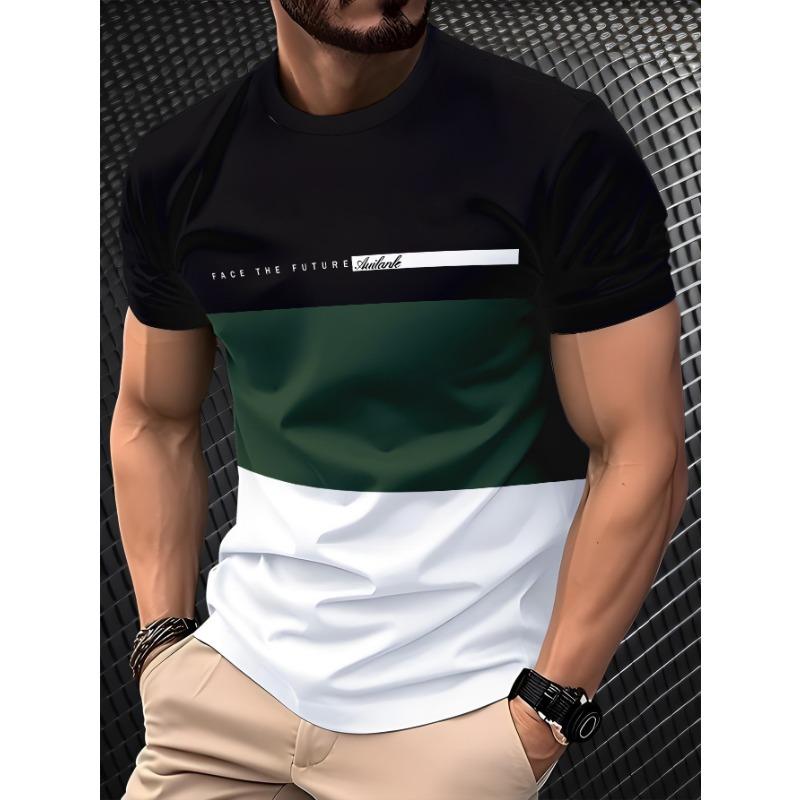 Printed Summer Men's Casual Versatile Trendy Fashion Color Blocked Short Sleeved Round Neck T-shirt