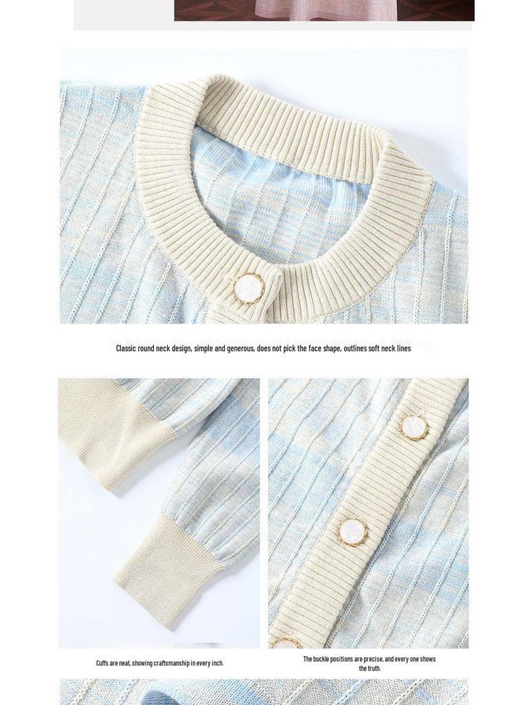2025 Autumn/Winter Women's Retro Tencel Stripe Knit Top & Midi Skirt Set