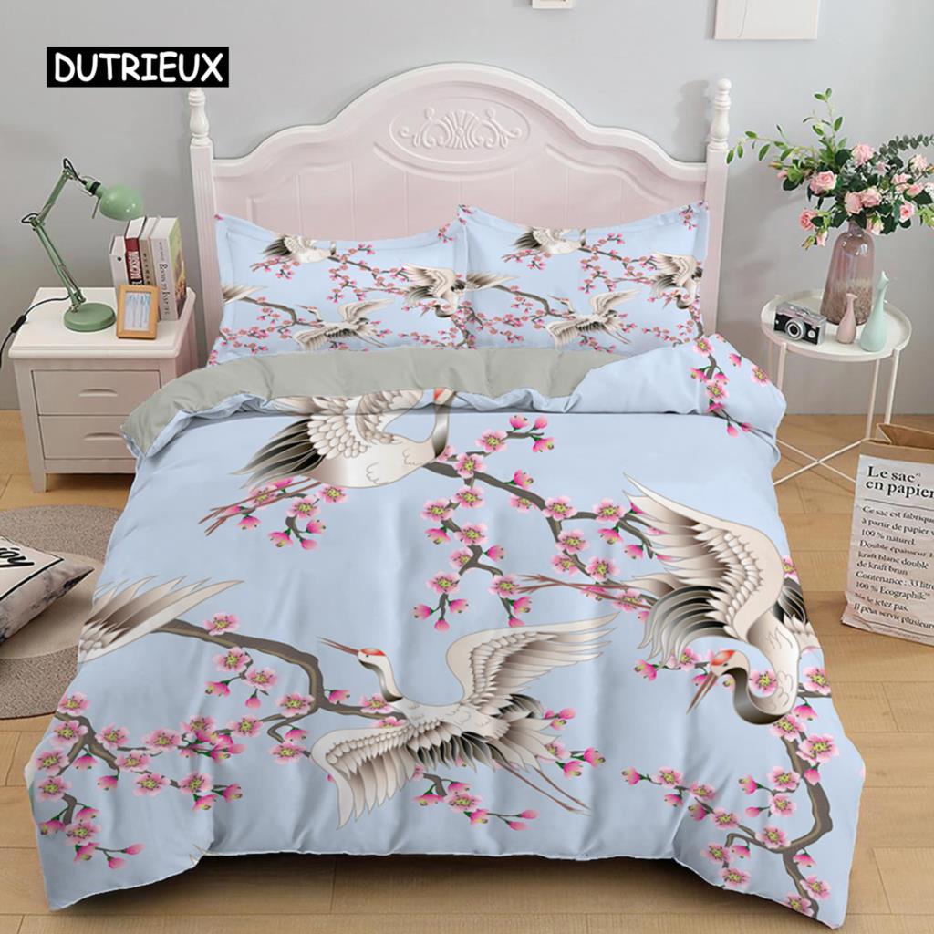 Kranich-Druck Bettwäscheset Luxuriöser Bettbezug Queen-Size Bettdeckenbezugsets für Kinder Teenager Schlafzimmerdeko Mikrofaser Steppdeckenbezug
