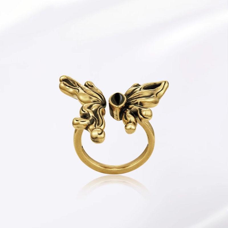 Fashionable Retro Black Agate Butterfly Ring For Women Elegant Copper Ring Collection