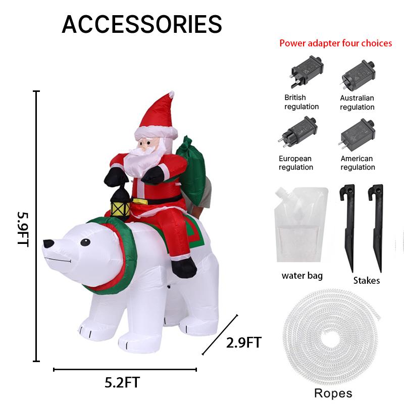 5.9FT LED Light Inflatable Santa Claus Ride Polar Bear Toy Xmas Yard Decor Home Outdoor Party Supplies Ornaments Gift Holiday