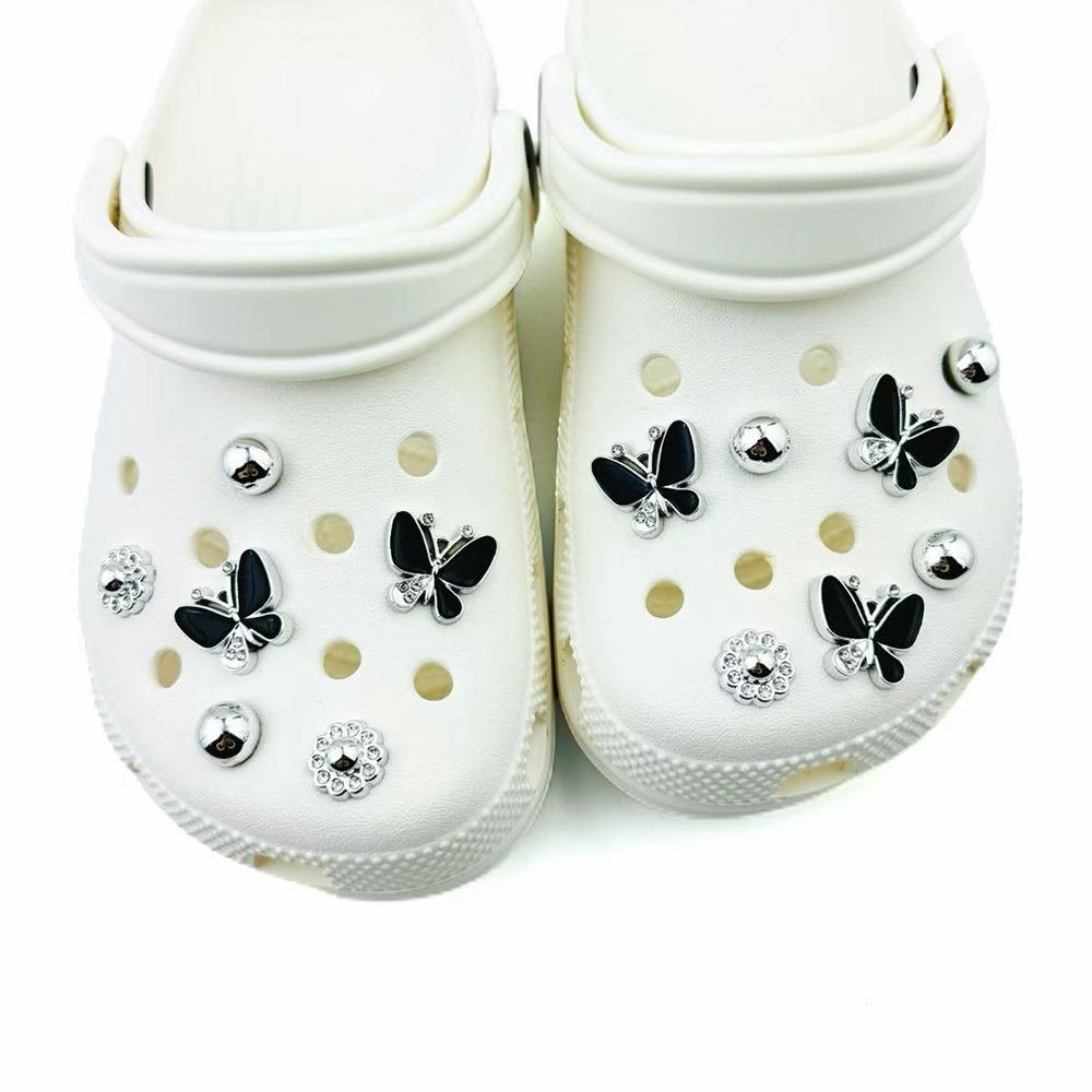 13Pcs Shoe Charms Set Black Butterfly Diamond Flower Silver Bead Shoe Decorations Buckle for Sandals Clogs DIY Accessories Gifts