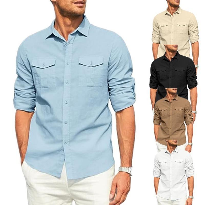 Men's Shirt Double Pocket Cotton Blends Long Sleeved Shirt Casual Vacation Shirts