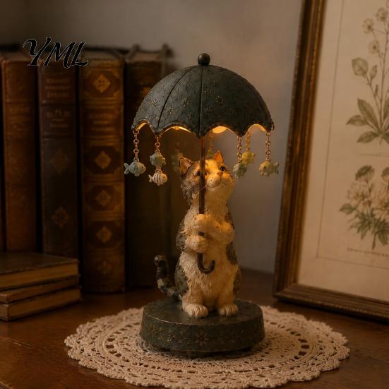 Cute Animal Sculpture Lamp Rotating Umbrella Lamp, Resin Holding Vintage Sculpture, Shape Bedside Light Tabletop Cat Dog Goose Figurine for