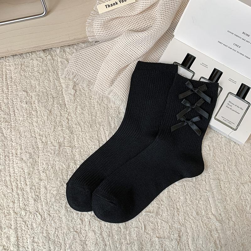 Bow-tie Socks for Girls, Lolita Mary Jane Solid-colored Mid-top Cotton Socks, Versatile for Spring and Autumn