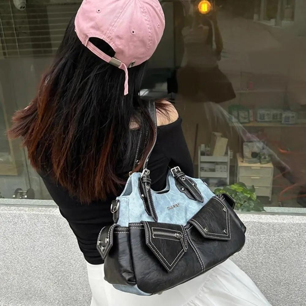 PU Women's Shoulder Bag with Denim Patchwork Armpit Handbag Fashion Crossbody Bag Casual Outing