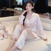 French Girl Ice Silk Pajamas Women'S Spring And Summer Thin Long-Sleeved Trousers Jacquard Sweet Wind Silk Loungewear Can Be Worn Outside