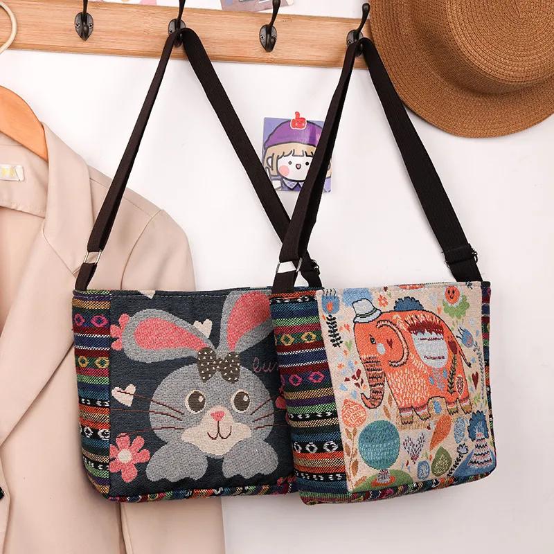 Yogodlns Håndveske i etnisk stil Broderi Elefant Lerret Dame Skuldervesker Dagligvareoppbevaringsveske Stor kapasitet Crossbody-veske