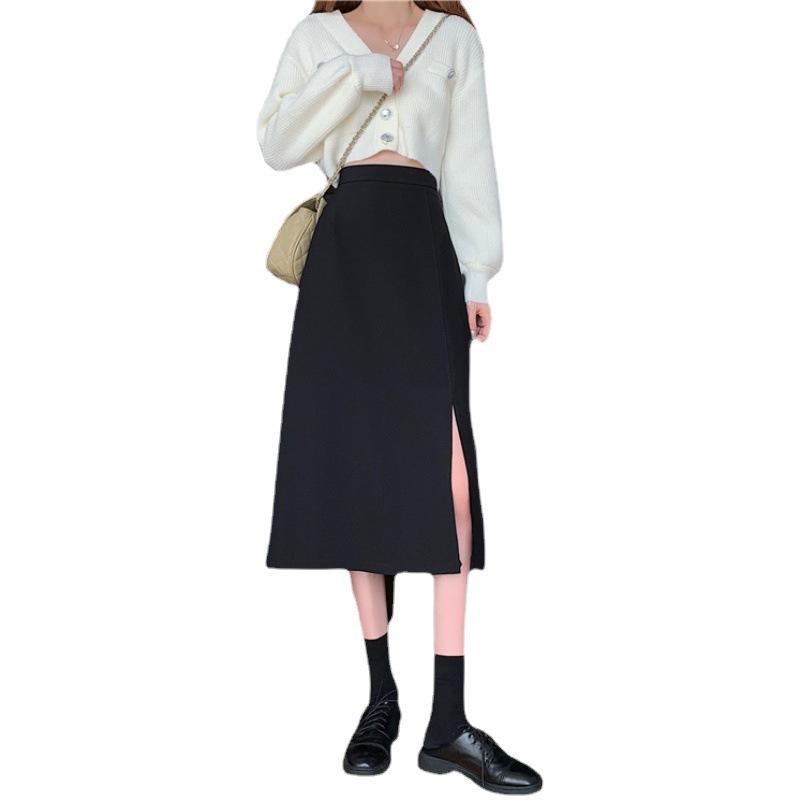 Women's High-Waist Black A-Line Midi Skirt - Spring 2025 French Design with Slit