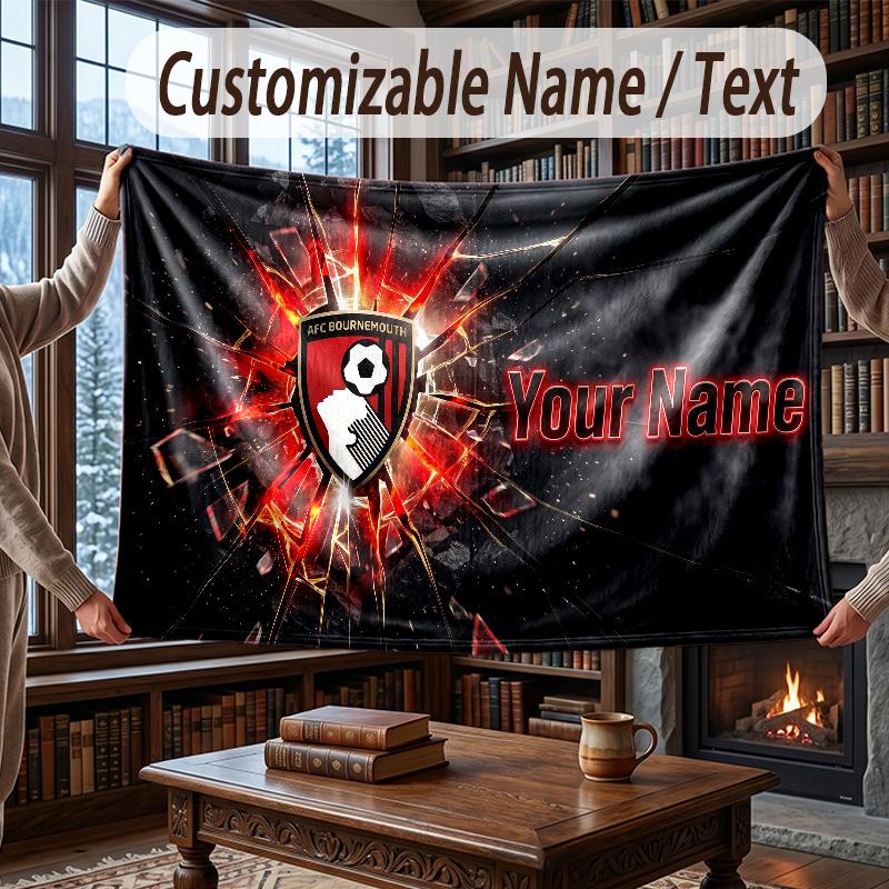 Custom Name Flannel Throw Blanket Bournemouth Football Pattern Warm Home Decoration