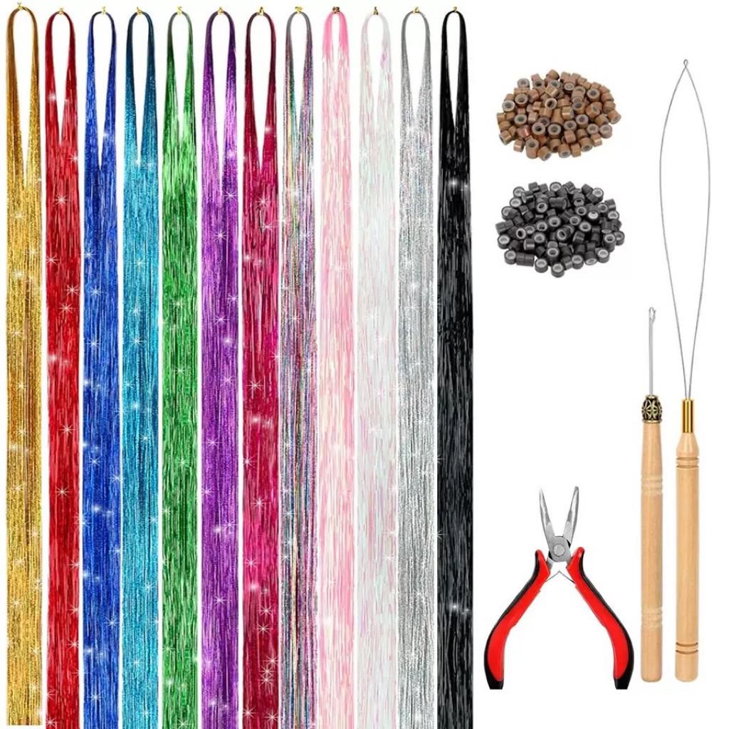 Gold Laser Tinsel Hair Extensions - Shiny Metal Wire, Colorful and Seamless.