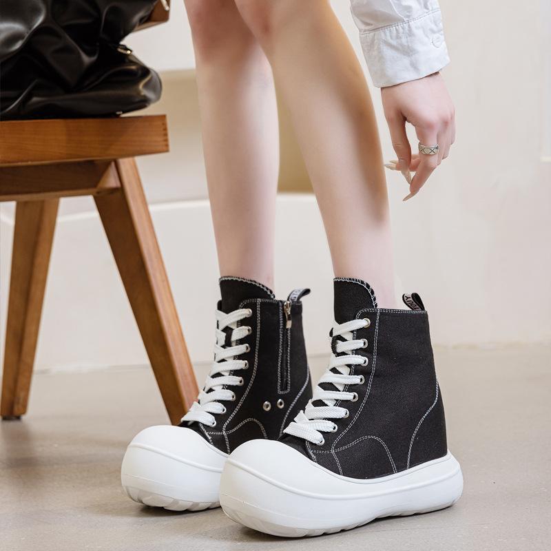 Fashion New Spring/Autumn Women's Platform Sneakers - Chunky Lace-Up Canvas Shoes with Hidden Height & Side Zipper, Street Style