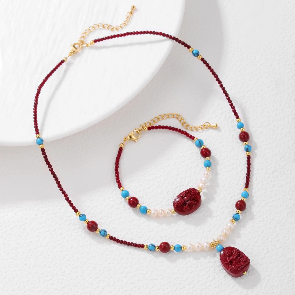 Natural Freshwater Pearl Cinnabar Buddha Beaded Bracelet Necklace - Vintage Chinese Hanfu Accessory