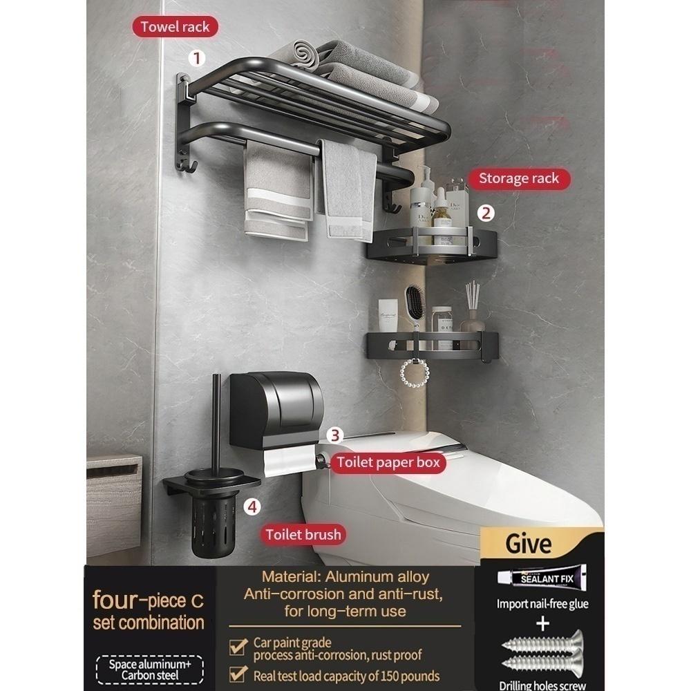 No Drill Bathroom Hardware Towel Rack Black 40CM-60CM Folding Aluminum Towel Rack Holder With Hook Towel Holder Tissue Holder