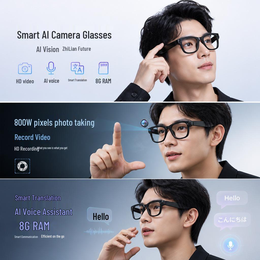 Cross-Border AI Smart Glasses T100: 800W Pixel Camera, 8G Memory, Video Recording, AI Object Recognition, Translation