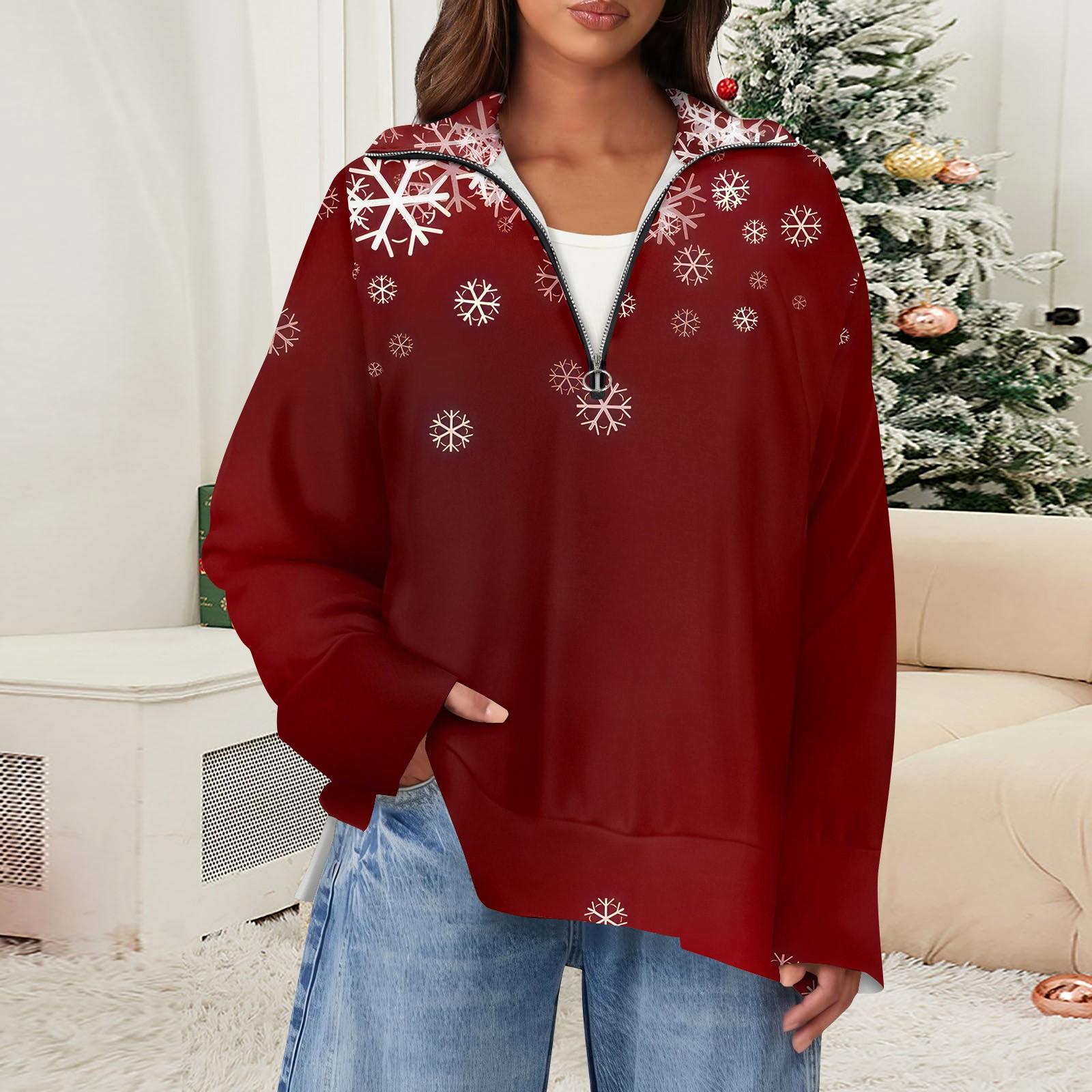 

Женский повседневный свитер с полумолнией и лацканами со снежинками и разрезом сверху по бокам, модная одежда M