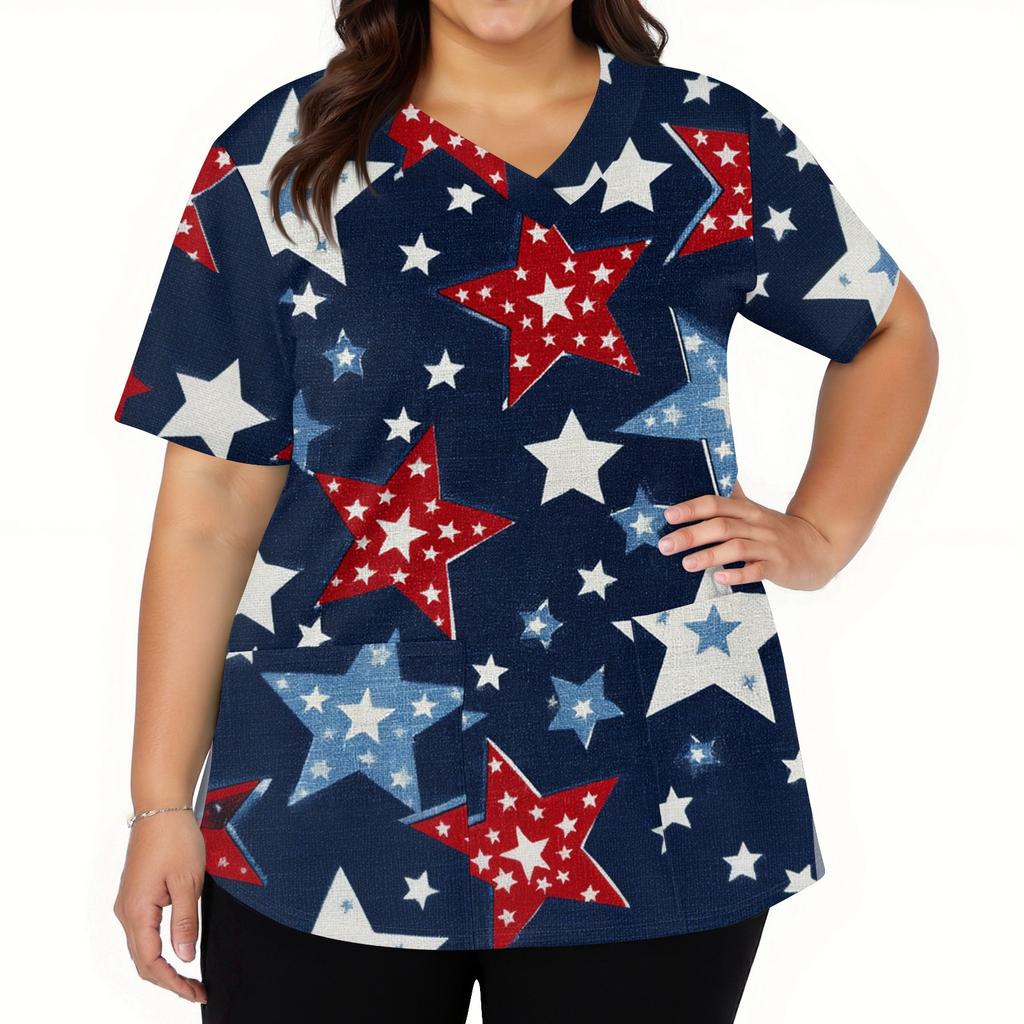 Modische Arbeitskleidung für Damen mit V-Ausschnitt, kurzen Ärmeln und bedruckten Taschen