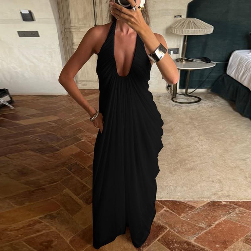 Sexy Loose Backless Sleeveless V-neck Pleated Long Halterneck Mesh Dress
