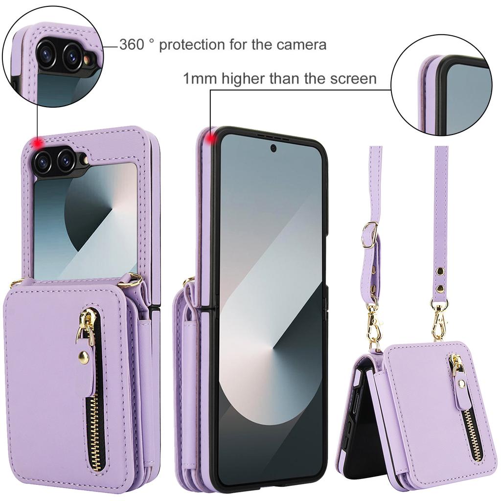 Applicable To Samsung Z Flip6 Mobile Phone Leather Case Z Flip5 Solid Color Card Zipper Change Bag Diagonal Strap Card Bag