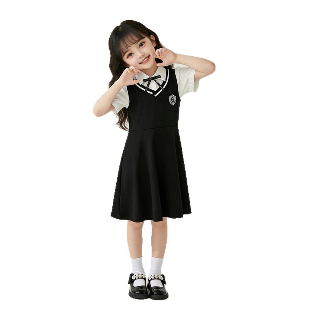 Girls' Stylish Academy-Style Shirt Collar Dress - Kids' Two-Piece Summer Outfit