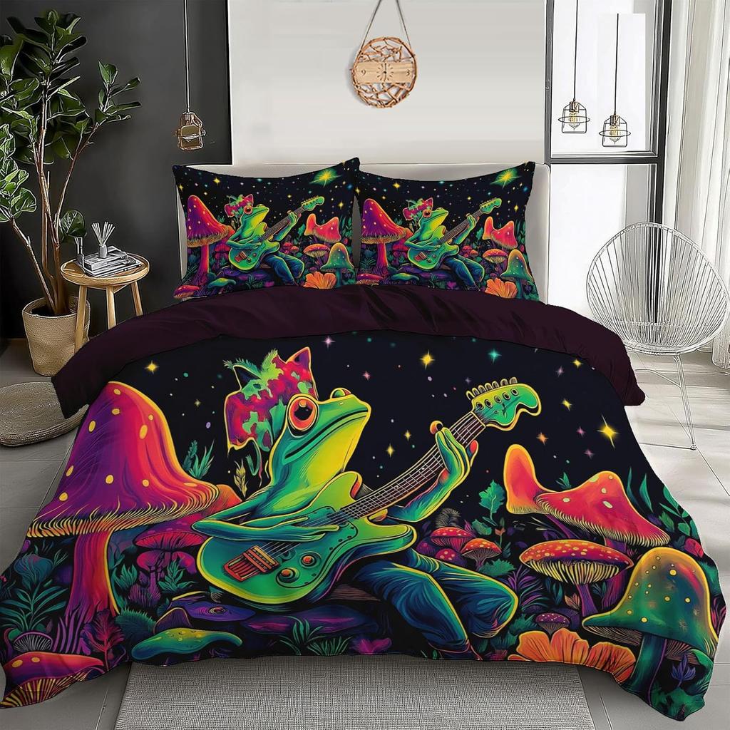 Psychedelic Mushroom Forest Bedding Quilt Cover Sets, Polycotton Bed Cover Set with 1 Pillowcases, for Kids Boys Girls Adults