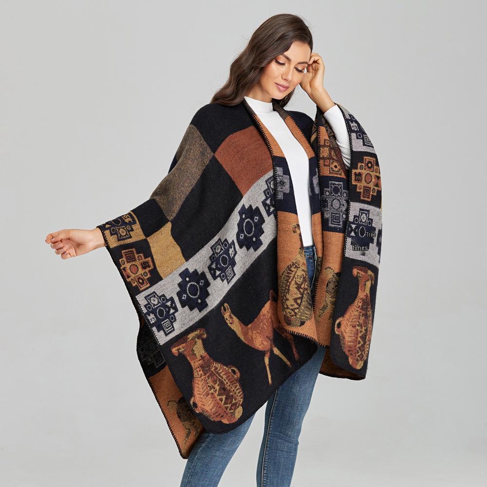 Women's Ethnic Style Thickened Shawl Cape: Autumn/Winter, Plus Size, Slit Design, Travel Scarf