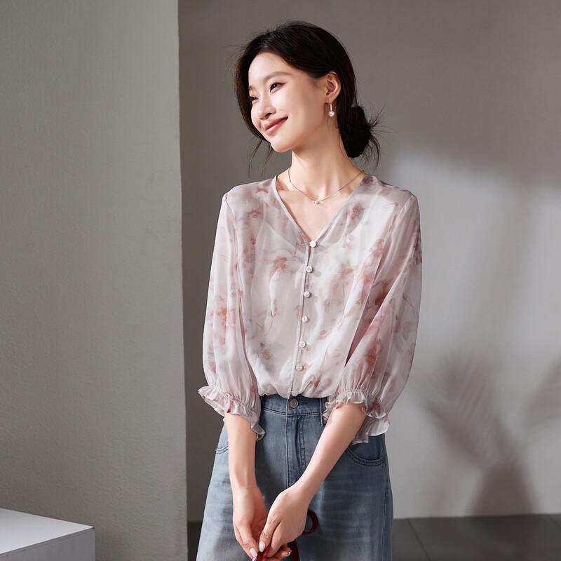 SOFSIL 2026 Summer Women s Printed Silk Blouse XL