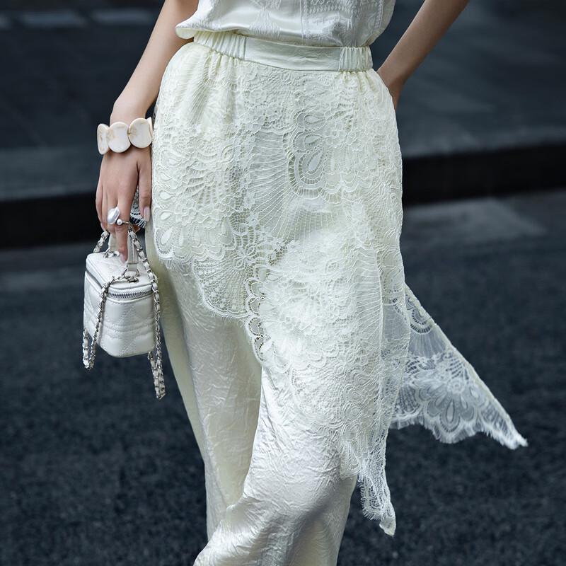 Lanseer Elegant Acetate Lace Trim Wide Leg Pants
