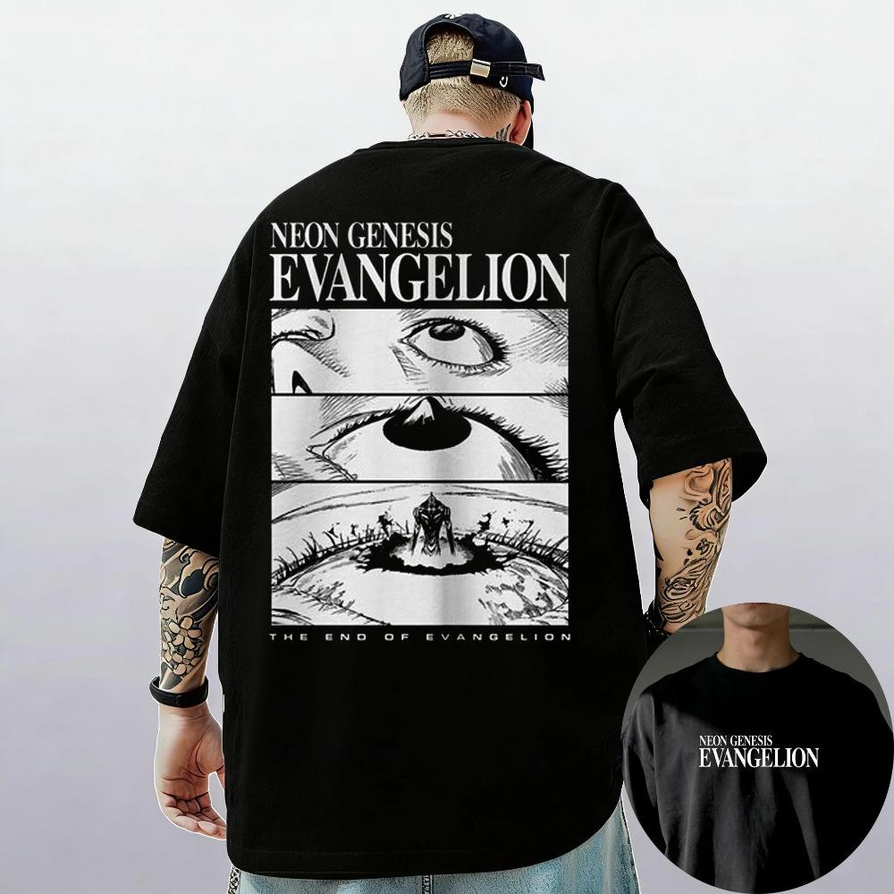 Neon Genesis Evangelion Vintage Double-Sided Print T-Shirt, Unisex Anime Streetwear Tee, 100% Cotton Loose Casual Top