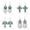 Vintage Ethnic Jewelry Bohemian Antique Silver Color Alloy Imitation Turquoise Tassel Earrings For Women's Party Accessories