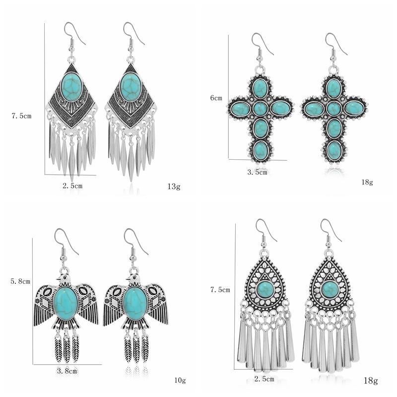 Vintage Ethnic Jewelry Bohemian Antique Silver Color Alloy Imitation Turquoise Tassel Earrings For Women's Party Accessories