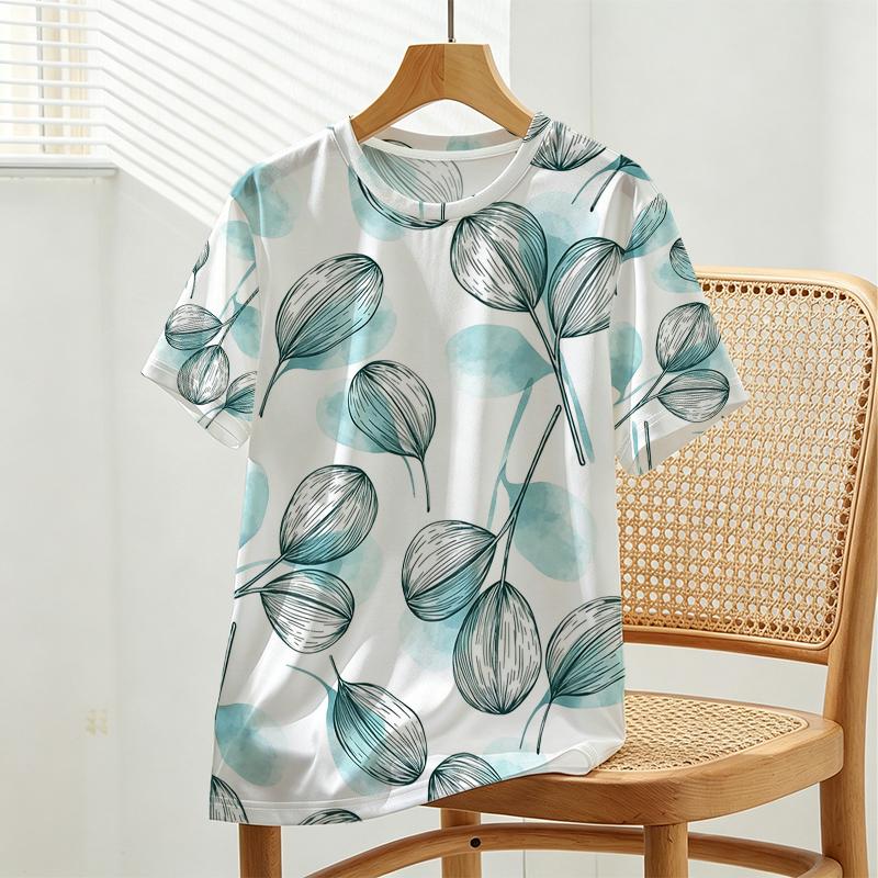 Soft Skin-Friendly Women's T-Shirt: Minimalist Fresh Leaf Pattern, Breathable & Versatile for Daily Casual, Weekend Vacation Wear