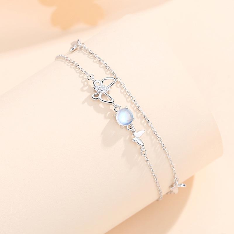 Moonlight Butterfly Dance Bracelet: Women s S925 Sterling Silver, Korean-Style, Versatile, Dreamy Double-Layer Stackable Hand Jewelry 925 Sterling Silver