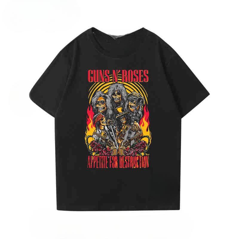 2024 New Fashion Gunsn Rose Men's and Women's Short Sleeve Vintage Rose Print Vintage High Street Loose Casual T-shirt