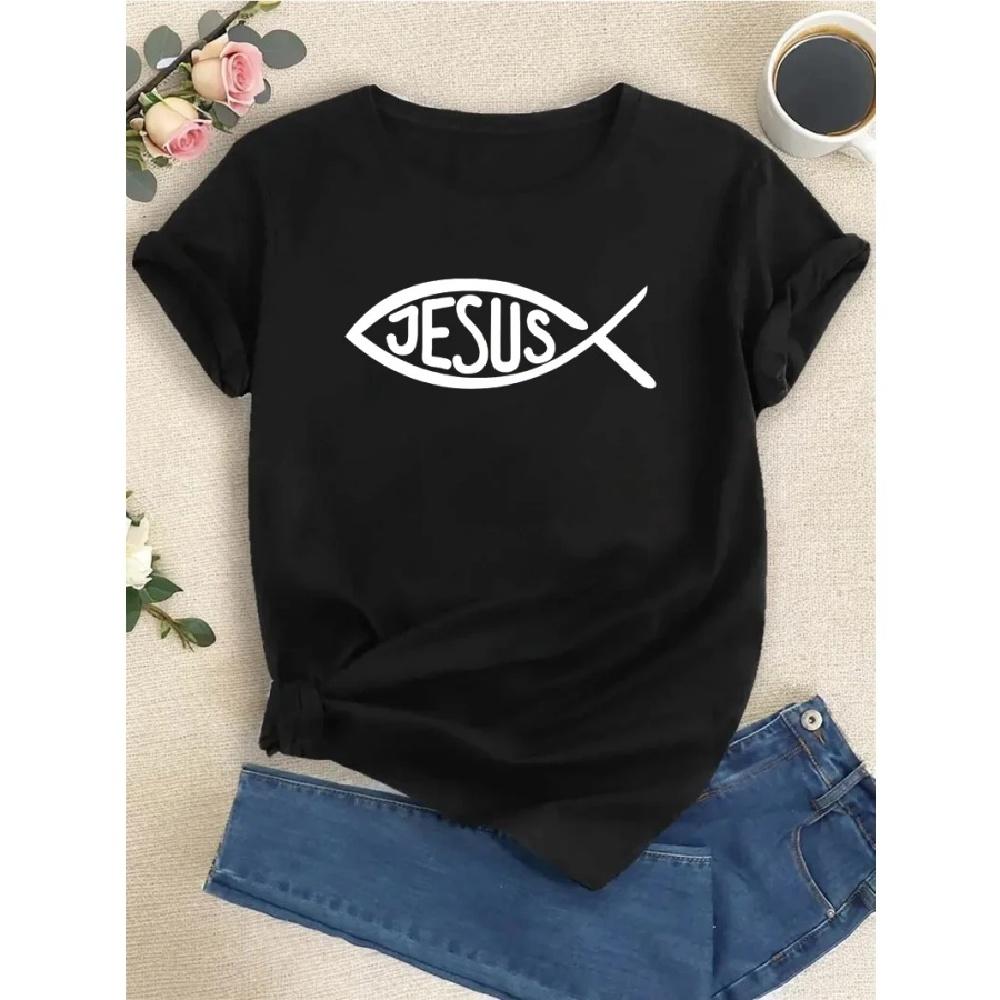 2024 Jesus Fish Symbol Christian T-Shirt O-Neck Gift Tee Short Sleeve Top Women's T-shirt