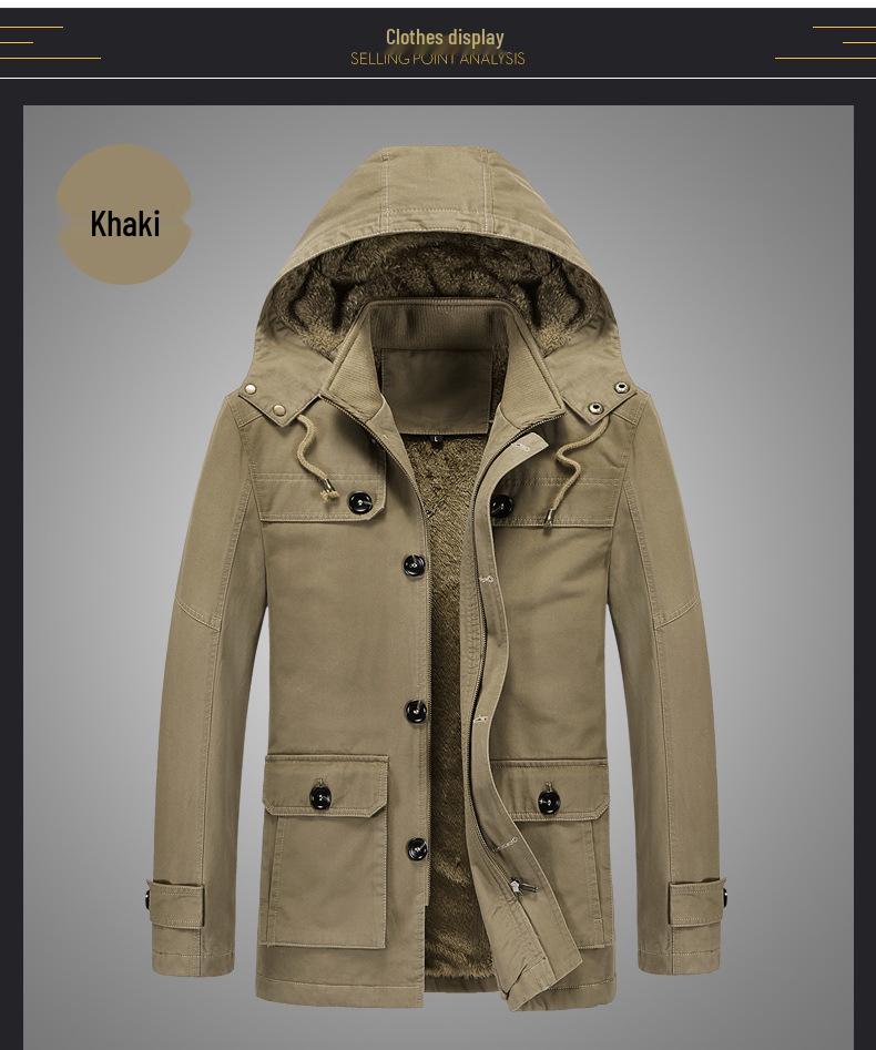 Men's Cross-Border Casual Fleece-Lined Cotton Jacket - Warm Mid-Length Trench for Autumn/Winter