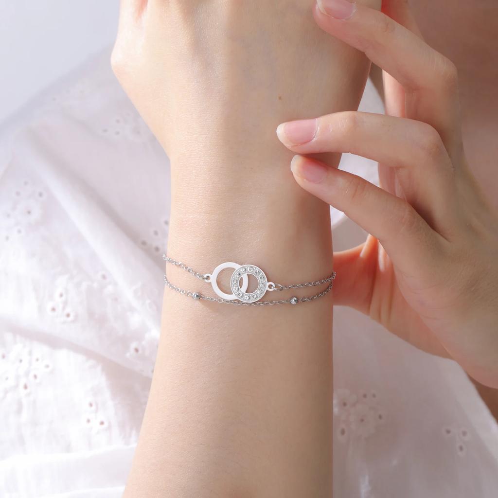 Cazador Geometric Double Circles Charm Bracelets Stainless Steel Jewelry Clear Zircon Women's Hand Bracelet Birthday Gift 2026