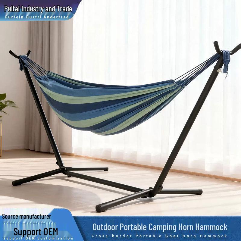 Double Horn Outdoor Camping Canvas Hammock with Iron Frame Stand