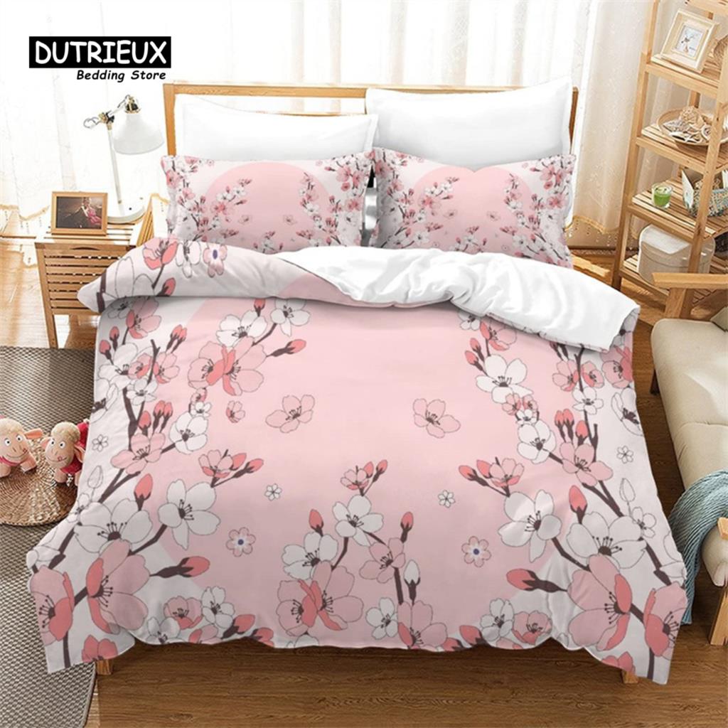 Cherry Blossoms Duvet Cover Set Japanese Floral Bedding Set Microfiber Romantic Theme Quilt Cover Twin King For Valentine's Day