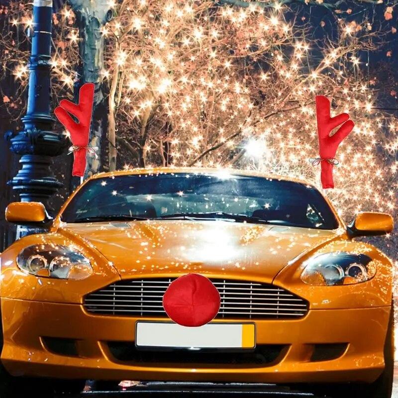 Reindeer Decoration Car Vehicle Nose Horn Costume Decor Set Rudolph Christmas Reindeer Antlers Red Nose Ornaments Elk Antler