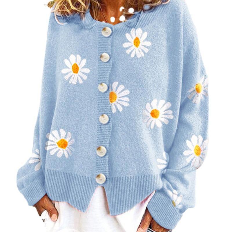 Women's Autumn-Winter Chrysanthemum Embroidered Knitted Cardigan - Casual, Simple, Fashionable, Elegant Sweater